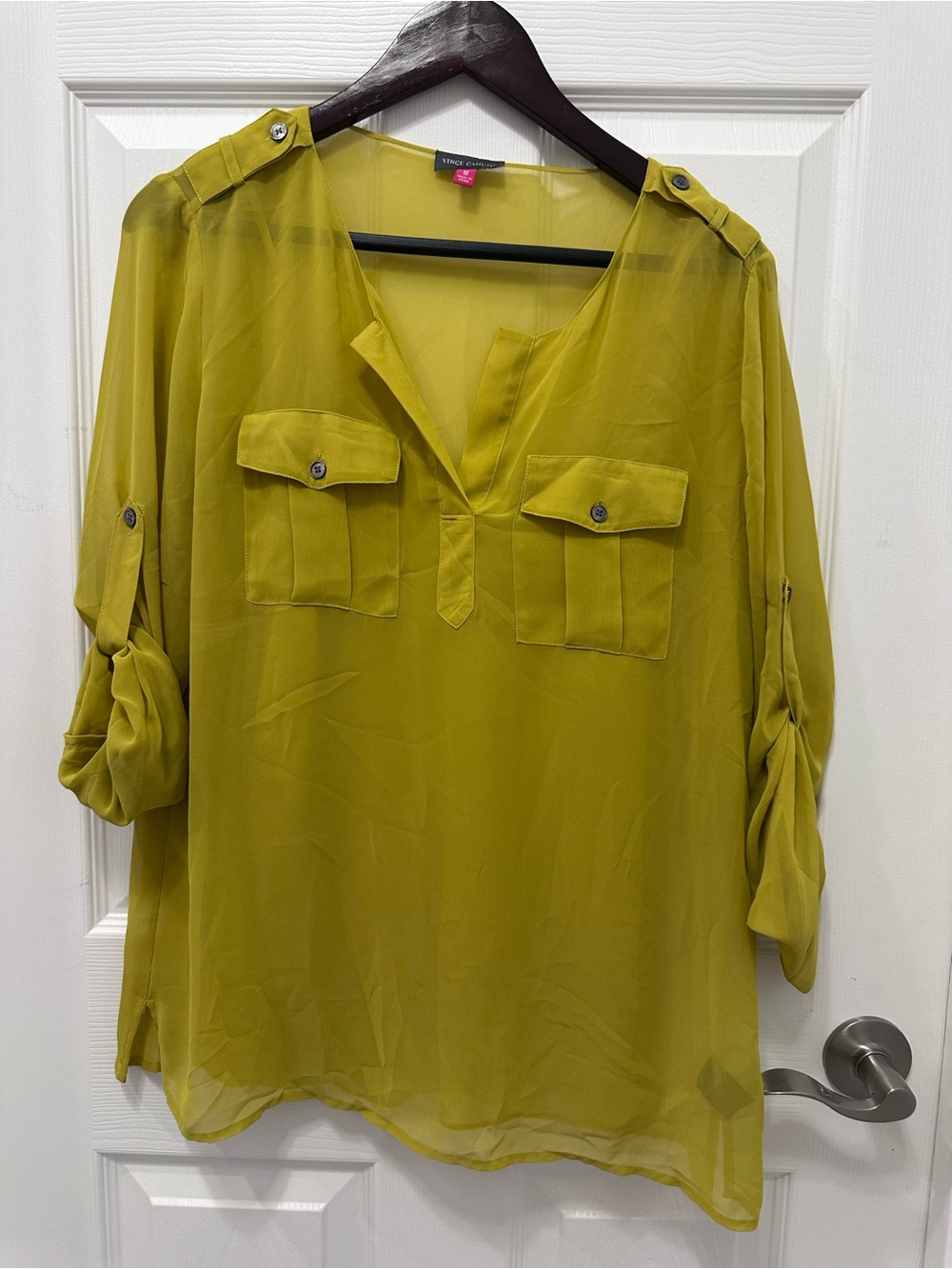 Vince Camuto Olive-Green Sheer Chiffon Roll-Sleeve Tunic